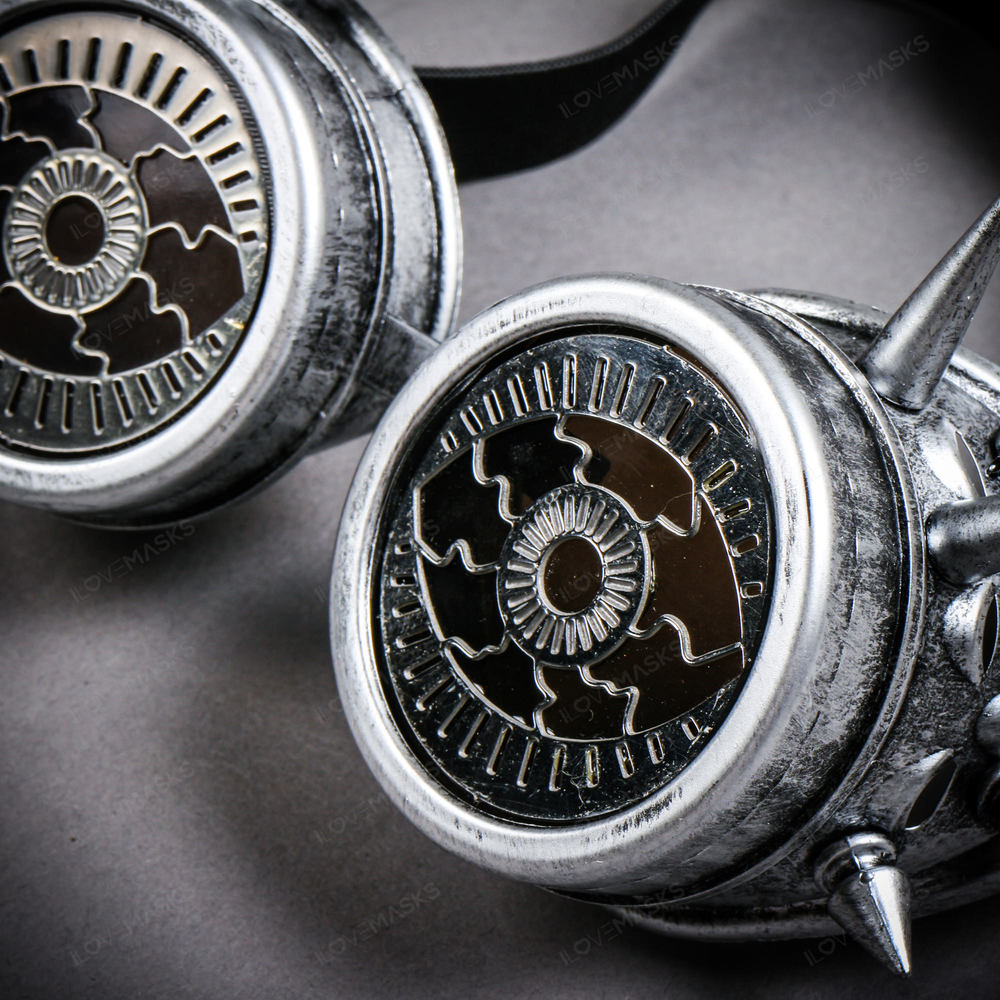Steampunk Spikes Goggles With Evil Eyes Dark Lens - Metallic Silver - Picture 5 of 5